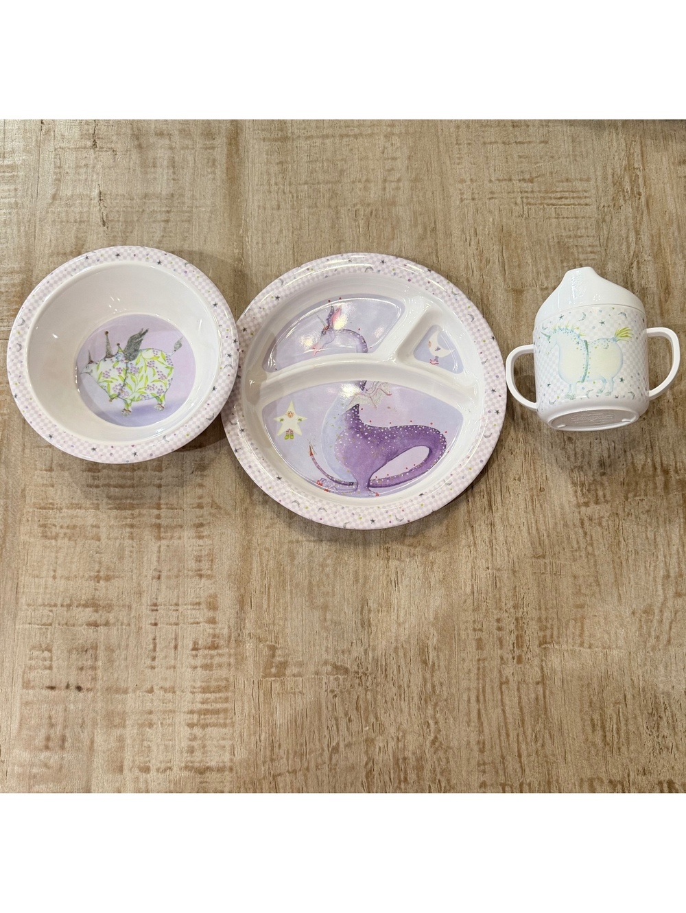 MacKenzie-Childs Magical Unicorn Kids Melamine Plate Bowl Sippy Cup 3 Pc Set